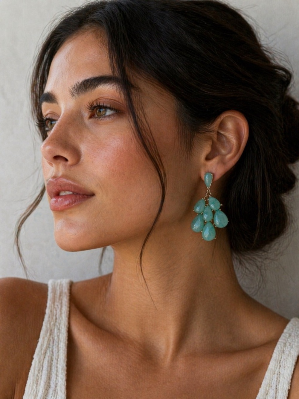 Marble Green Teardrop Cluster Dangle Pierced Earrings Gold Tone